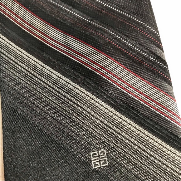 GIVENCHY Dark Gray White Black Thin Red Stripe Tie - Picture 7 of 11